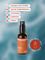  Botella del HI, ENERGY, spray con adaptógenos, junto a textos en español que listan los beneficios de usarlo.