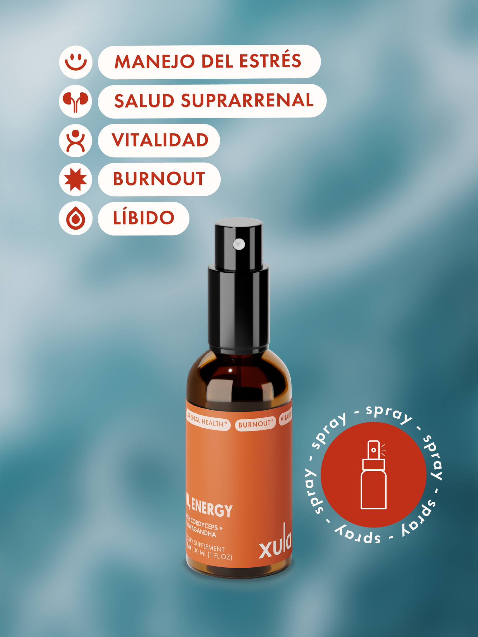  Botella del HI, ENERGY, spray con adaptógenos, junto a textos en español que listan los beneficios de usarlo.