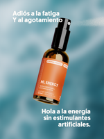 Botella del HI, ENERGY, spray con adaptógenos, rociando producto. Con texto que explica sus beneficios
