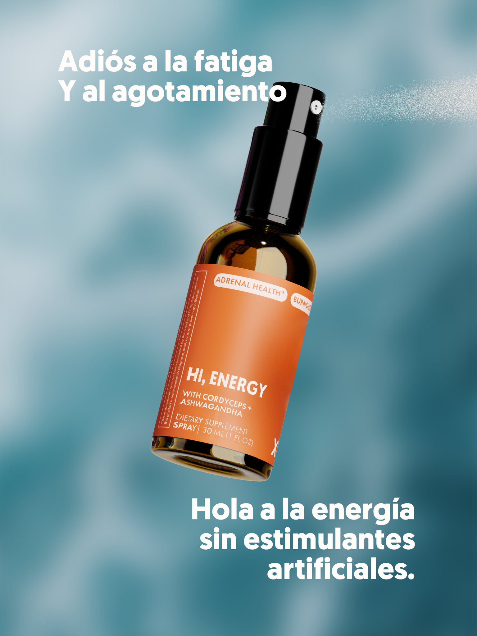Botella del HI, ENERGY, spray con adaptógenos, rociando producto. Con texto que explica sus beneficios