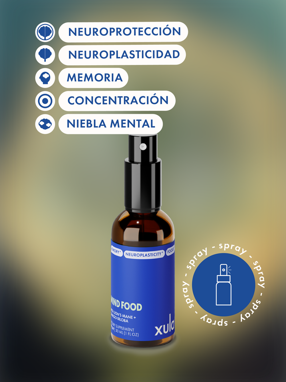 Botella de MIND FOOD, un spray con adaptógenos junto a una lista de beneficios como memoria y concentración.