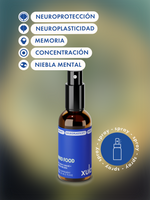 Botella de MIND FOOD, un spray con adaptógenos junto a una lista de beneficios como memoria y concentración.