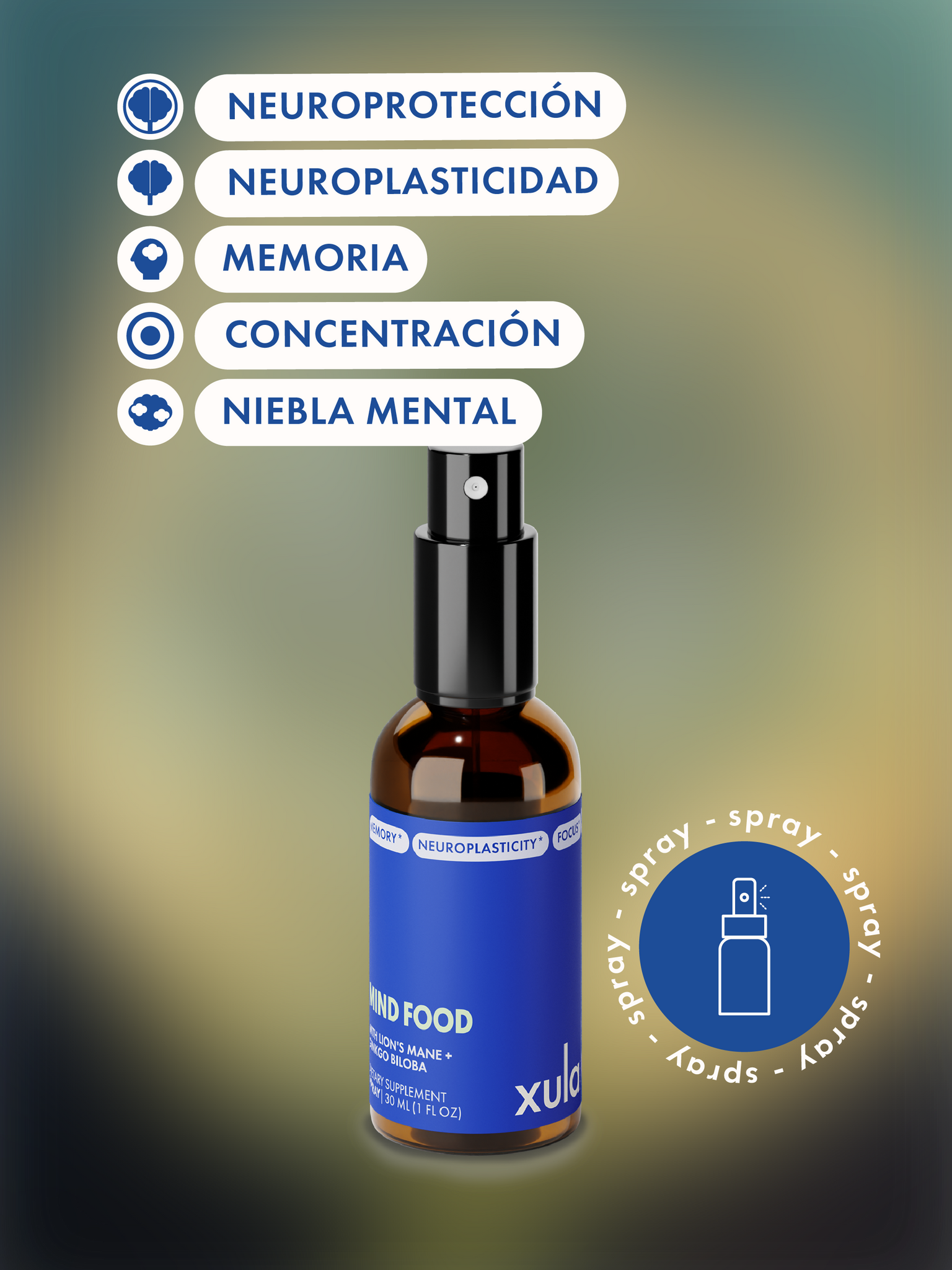 Botella de MIND FOOD, un spray con adaptógenos junto a una lista de beneficios como memoria y concentración.