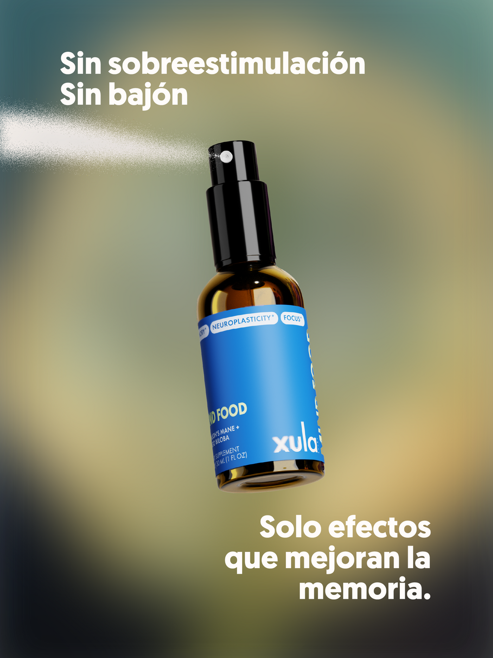 Botella de MIND FOOD un Spray con adaptógenos rociando producto para mejorar la memoria sin sobreestimulación.
