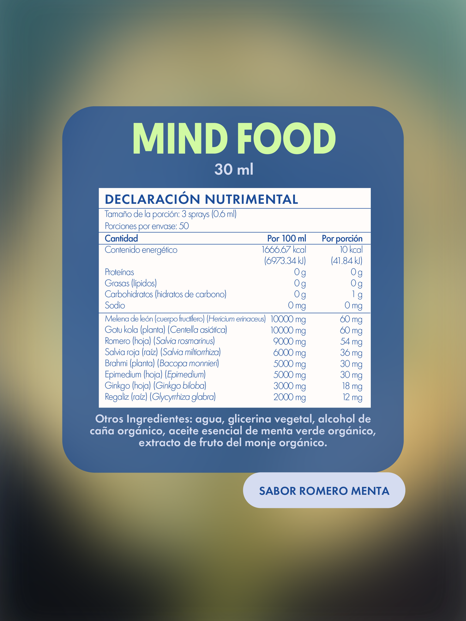 Declaración nutrimental de MIND FOOD un Spray con adaptógenos de 30 ml. Información por porción y por 100 ml.