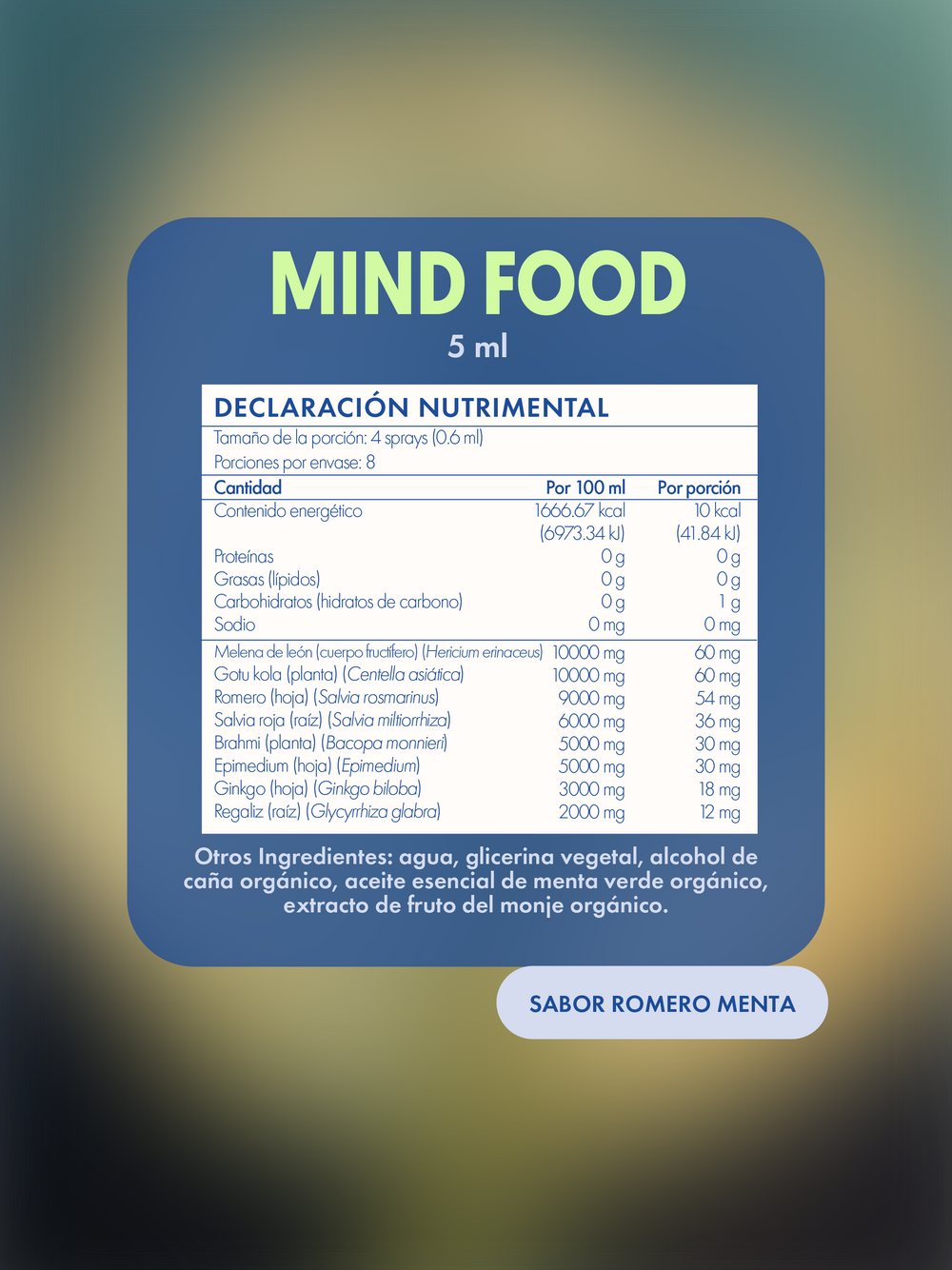 Tabla de información nutrimental de la botella de 5 ml de MIND FOOD el  Spray con adaptógenos. Sabor romero menta.