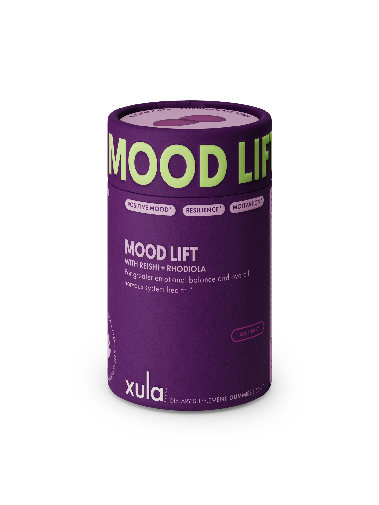 Tubo morado y verde de MOOD LIFT las Gomitas veganas de la marca Xula para mejorar el humor, sobre un fondo negro.