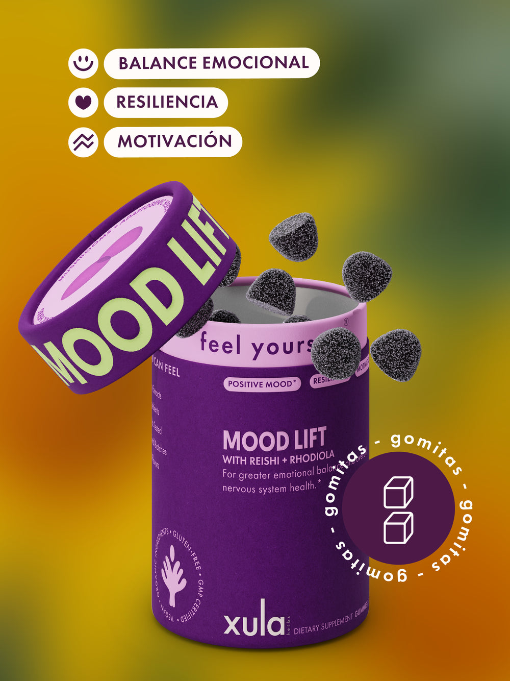 Frasco abierto de MOOD LIFT las Gomitas veganas de Xula. Varias gomitas azucaradas se derraman sobre un fondo verde