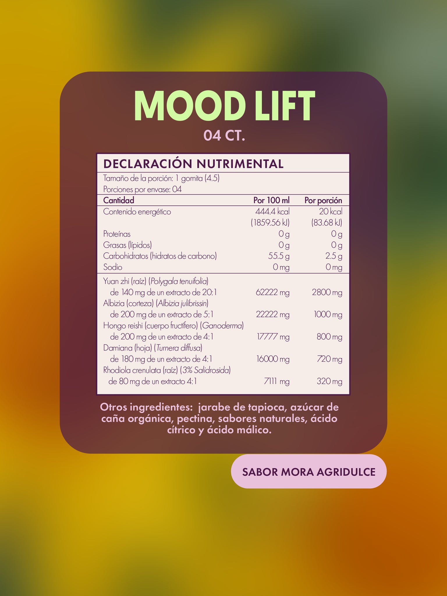  La declaración nutrimental de un paquete de 4 gomitas MOOD LIFT | Gomitas veganas, detallando los ingredientes por porción.